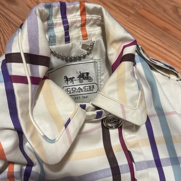 COACH Multicolor Plaid short Trench Coat belted jacket size 0 fall - Picture 2 of 10